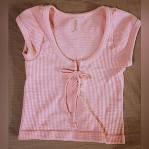 Altar'd State AS Revival Pink Ribbed Tie-Front Top